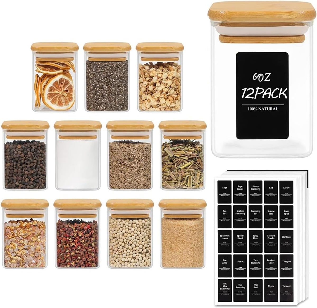 ComSaf Spice Jars with Labels 6 oz 12Pack, Small Spice Containers Starter Set, Glass Seasoning Jars with Lids, Square Seasoning Containers for Salt