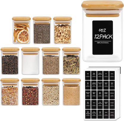 ComSaf Spice Jars with Labels 6 oz 12Pack, Small Spice Containers Starter Set, Glass Seasoning Jars with Lids, Square Seasoning Containers for Salt