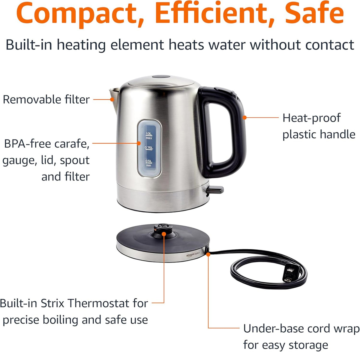 Electric Stainless Steel Kettle for Tea and Coffee, BPA-Free, Fast Boiling, Auto Shut-Off, 1.1 Quarts, 1500W, Black and Silver