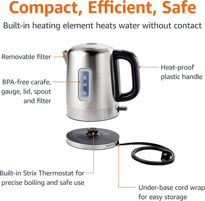 Electric Stainless Steel Kettle for Tea and Coffee, BPA-Free, Fast Boiling, Auto Shut-Off, 1.1 Quarts, 1500W, Black and Silver