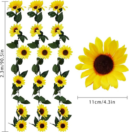 Uieke 3 Pack Artificial Sunflower Garland, 7.5ft/Strand Silk Sunflowers Hanging Vines Flowers with Green Leaves for Room Kitchen Garden Birthday Wedding Baby Shower Party Table Decor Large