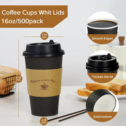 Litopak 500 Pack 16 oz Disposable Coffee Cup with Lids, Sleeves, and Stirring Sticks, Black Hot Paper Coffee Cups for Home, Travel, Office, Party