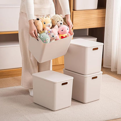 Plastic Storage Bins with Lid, White Stackable Storage Basket Organizer Box, Sturdy Containers Organizing Lidded Bins for Shelves, Cabinet, Desk, Pantry, Bedroom, Book, Toys (gray, 6XL+4M)