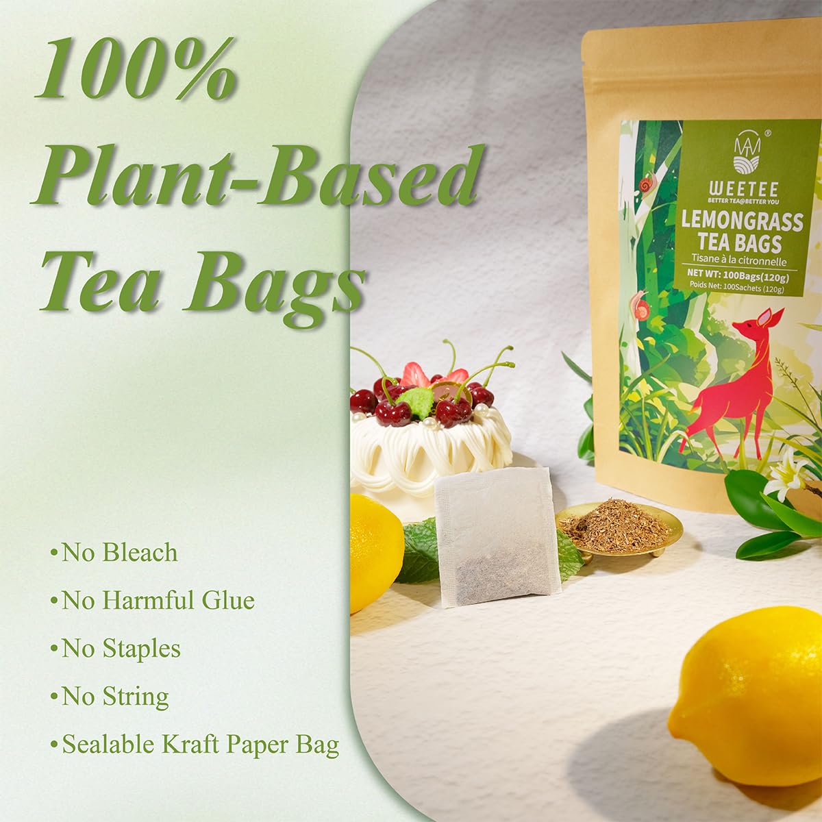 WT Weetee Lemongrass Tea Bags, 100 Count Pure Lemon Grass Leaves Tea Bags, Natural Caffeine Free Herbal Tea
