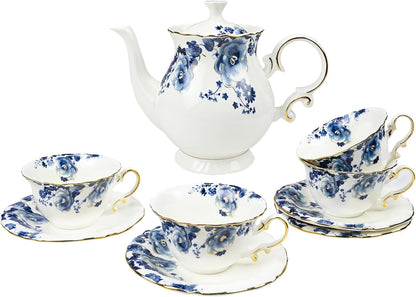 Bone China Tea Set for Adults, 13-Piece Blue and White Porcelain Tea Set for 4, Vintage Floral Tea Set With Teapot and Teaspoons