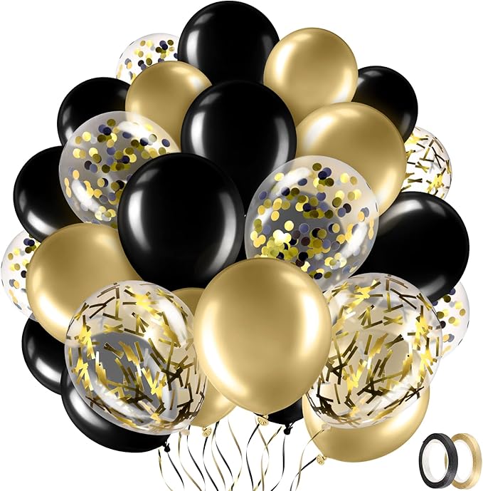 Sratte 60 Pcs 12 Inch Black Gold Balloons Kit Halloween Decorations Confetti Latex Metallic Balloons with 2 Rolls Ribbon Party Favor for Memorial Day, Birthdays