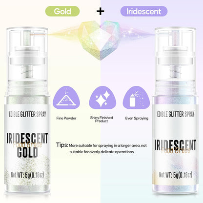 Edible Glitter Spray,2 Colors Iridescent & Iridescent Gold Food Grade Edible Glitter Set for Drink Cake Beverages,Cupcakes