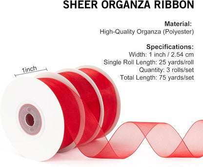 Red Organza Ribbon Red Sheer Ribbon 1 Inch x 75 Yds Clear Red Chiffon Tulle Ribbon Red Ribbon for Gift Wrapping Christmas Tree Flower Bouquet Wedding Invitations Wreaths Bows Crafts, MLU165-4R