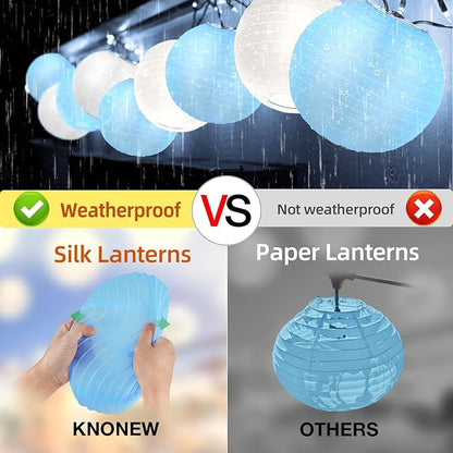 KNONEW 10 Pack White Outdoor Silk Lanterns Decorative, 10inch Waterprooof Outside Indoor Chinese Hanging Round Lanterns for Weddings, Birthdays, Parties Decoration (Blue and White)