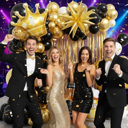 21st Birthday Decorations for Him 150pcs with Number 21 Foil Balloon Fringe Curtains White Black and Gold Balloons Arch Kit for 21st Birthday Decorations Graduation Birthday Balloons for Bed