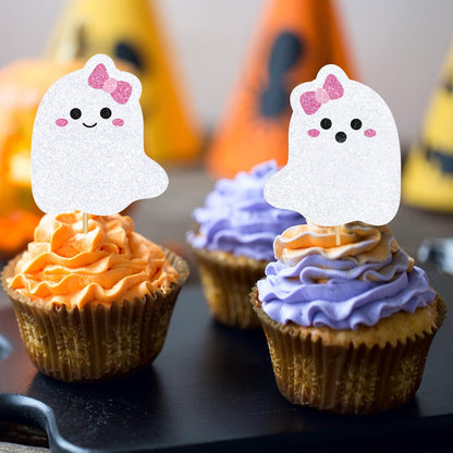 Whaline 48Pcs Halloween Cupcake Toppers Pink Bow Ghost Cupcake Picks Cute Ghost Cake Decorations for Halloween Birthday Party Supplies