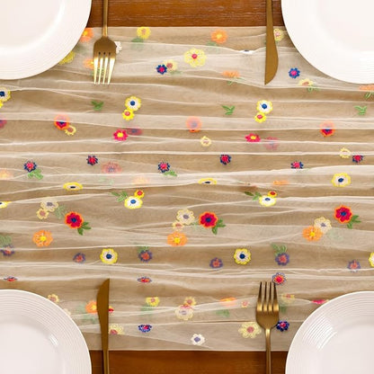 Socomi Flower Table Runner Summer Daisy Floral Tulle Gauze Cheesecloth Embroidery Table Runners for Tea Party Garden Wedding Bridal Baby Shower Birthday Picnic Decor Beige 3pcs