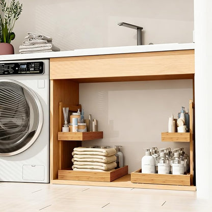 Bamboo Undersink Organizer Storage - 2-Tier Cabinet Shelf with Adjustable Levels, Under Sink Storage Slide Out for Cabinet Pantry Kitchen Bathroom (Natural)