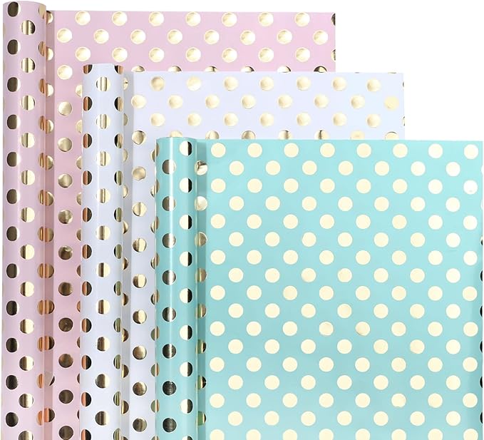 WRAPAHOLIC Birthday Wrapping Paper Roll - Mini Roll - 3 Rolls - 17 inch x 120 inch Per roll - Gold Foil Pink White Mint Polka Dots Design for Party, Holiday, Baby Shower