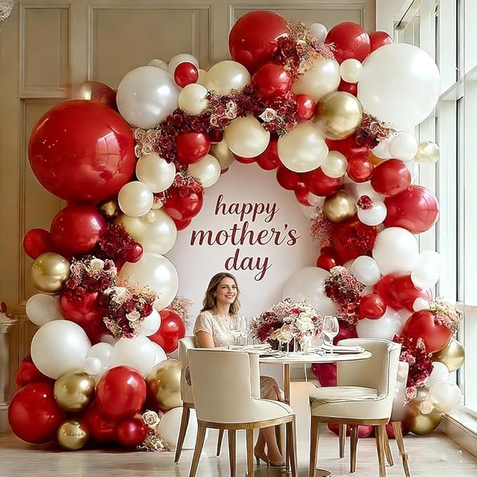 Red White Gold Balloon Garland Double Stuffed Burgundy Red White Sand Pearl Balloon Arch Kit Maroon Wine Balloons for Birthday Bridal Shower Wedding Anniversary Graduation Party Decorations