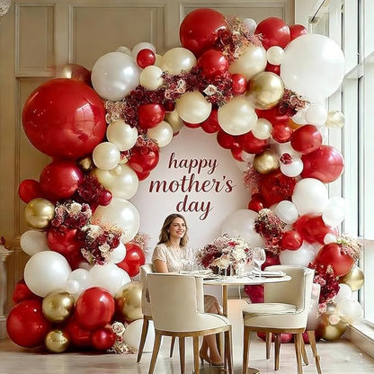 Red White Gold Balloon Garland Double Stuffed Burgundy Red White Sand Pearl Balloon Arch Kit Maroon Wine Balloons for Birthday Bridal Shower Wedding Anniversary Graduation Party Decorations
