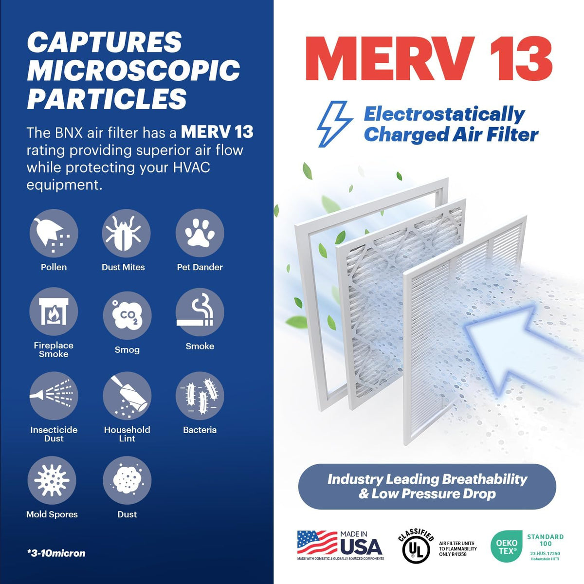 BNX TruFilter 16x30x1 Air Filter MERV 13 (4-Pack) - MADE IN USA - Electrostatic Pleated Air Conditioner HVAC AC Furnace Filters for Allergies, Pollen, Mold, Bacteria, Smoke, Allergen, MPR 1900 FPR 10
