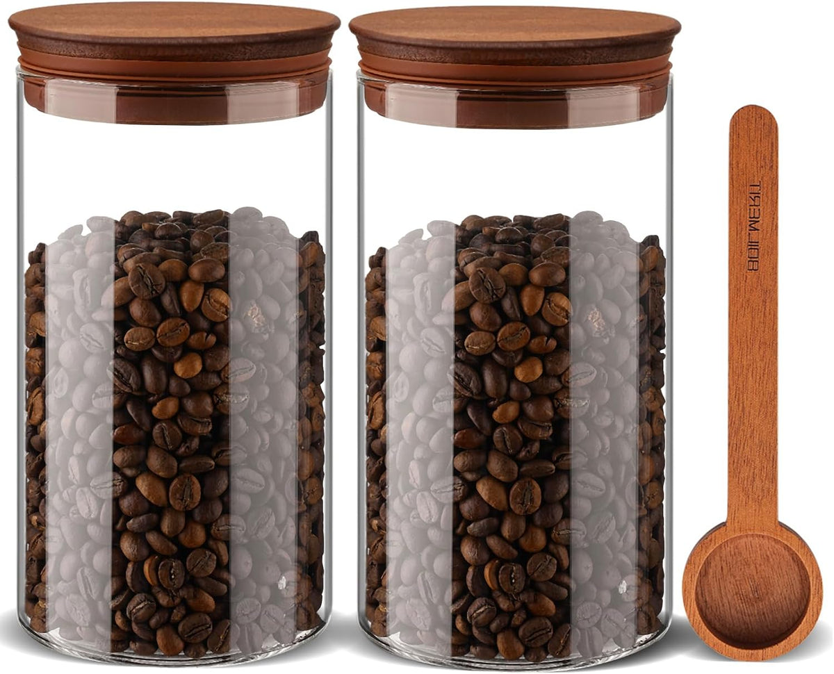 37 oz Coffee Canister with Scoop and Wooden Lids, Airtight Storage Container Sets of 2 for Ground Coffee & Beans, Glass Jars for Coffee Bar Organizer, Kitchen Countertop