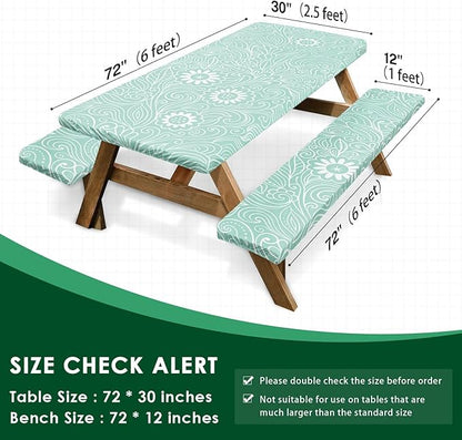 Picnic Table Cover with Bench Covers Elastic Edges, Boho Camper Fitted Table Cover, Outdoor Patio Camping Essentials 72 Inch 3PCS, Waterproof Camping Fitted Tablecloth with Drawstring Bag