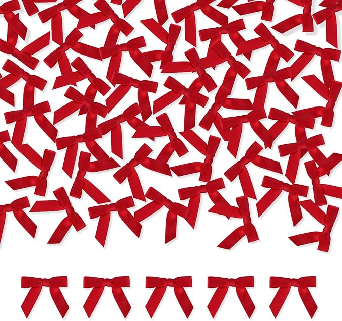 Meseey 100 Pcs 1.5 Inches Premade Craft Bows Self Adhesive Red Satin Ribbon Bows for Treat Bags Gift Wrapping Basket Wedding Baby Shower Brithday Party(Red)