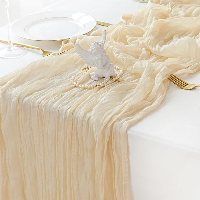 Sioloc Beige Cheesecloth Table Runner 120'' x 35'',Spring Easter Decor Soft Gauze Boho Wedding Table Decor for 10ft Table Birthday Party,Baby Shower, Bridal Shower, Home & Event Decor