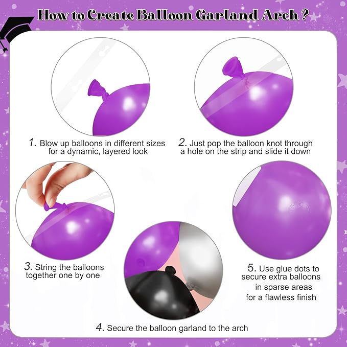 Purple and Black Balloon Arch Kit, 2026 Graduation Decorations, 130Pcs Purple Black Silver Balloons with Foil Star Confetti Balloons for College High School Graduation Decorations Class of 2026