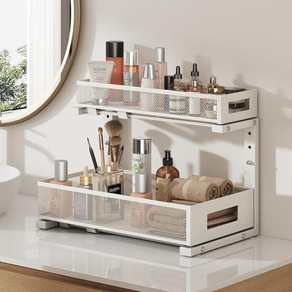 1 Pack 17IN Depth Under Sink Storage Organizer, Large 2-Tier Elegant Mesh Pull Out Shelf for Kitchen and Bathroom Cabinet Organization, L-Shaped and Adjustable Height Design-White