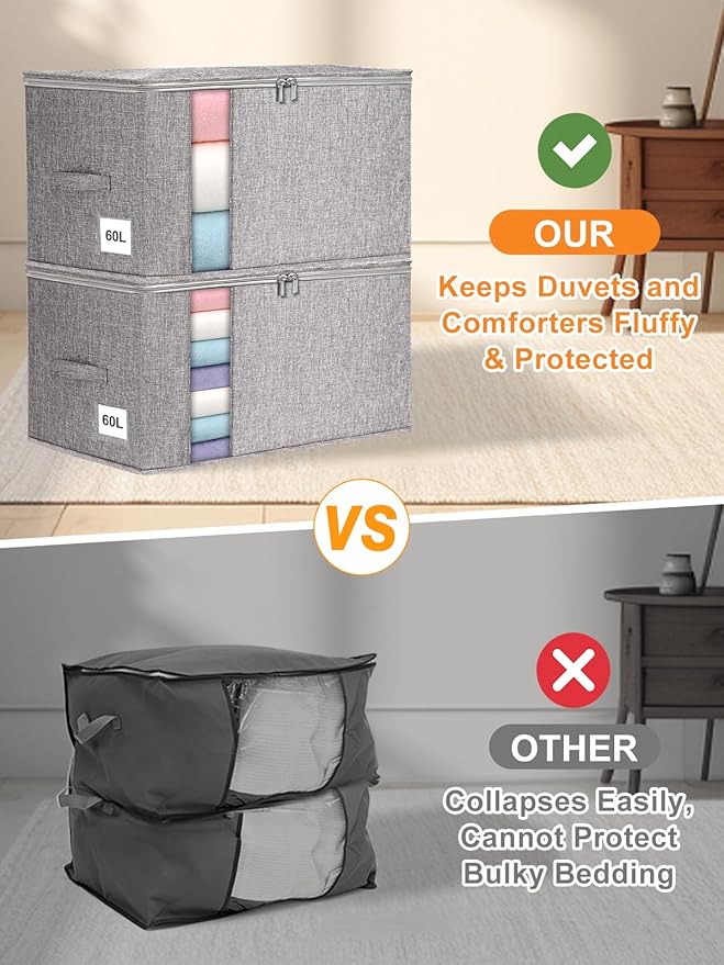 Punemi Comforter Storage Bag, 2 Pack Large Blanket Storage Bags with Sturdy Structure, Zipper & 2 Handles for King/Queen Comforters, Quilts, Duvets, Pillows, Bedding，Closet Organizer, 21.7x14.2x11.8in