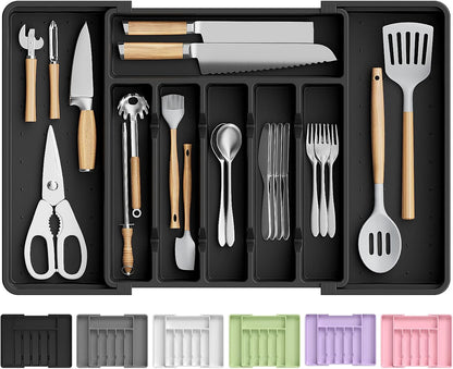Large Silverware Organizer,Expandable Utensil Drawer Organizer,BPA Free Utensil Holder,Adjustable Silverware Tray Cutlery Drawer Organizer for Kitchen Flatware,Large,Black (6-8 Slots)