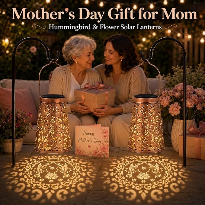 LeiDrail 4 Pack Solar Lanterns Outdoor Waterproof, Hummingbird & Flower Hanging Vintage Metal Lantern, Auto On/Off Garden Patio Yard Porch Pathway Decor, Gifts for Women Mom Grandma