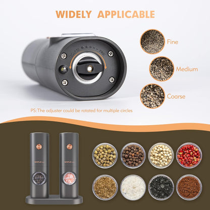 SIMPLETASTE Electric Salt and Pepper Grinder Set, One-Handed, Battery Powered, Adjustable Coarseness, LED Light, Pepper mills with stand, Seasoning Tools for Kitchen, Dining or Gifting