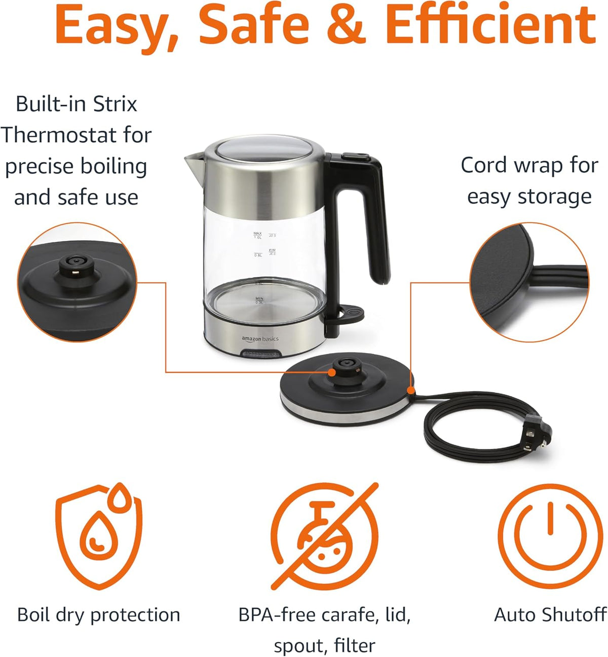 Electric Kettle with Glass Carafe for Tea and Coffee, BPA-Free, Fast Boiling, Auto Shut-Off, 1.8 Quarts, 1500W, Black and Silver