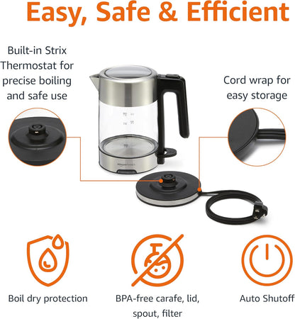 Electric Kettle with Glass Carafe for Tea and Coffee, BPA-Free, Fast Boiling, Auto Shut-Off, 1.8 Quarts, 1500W, Black and Silver