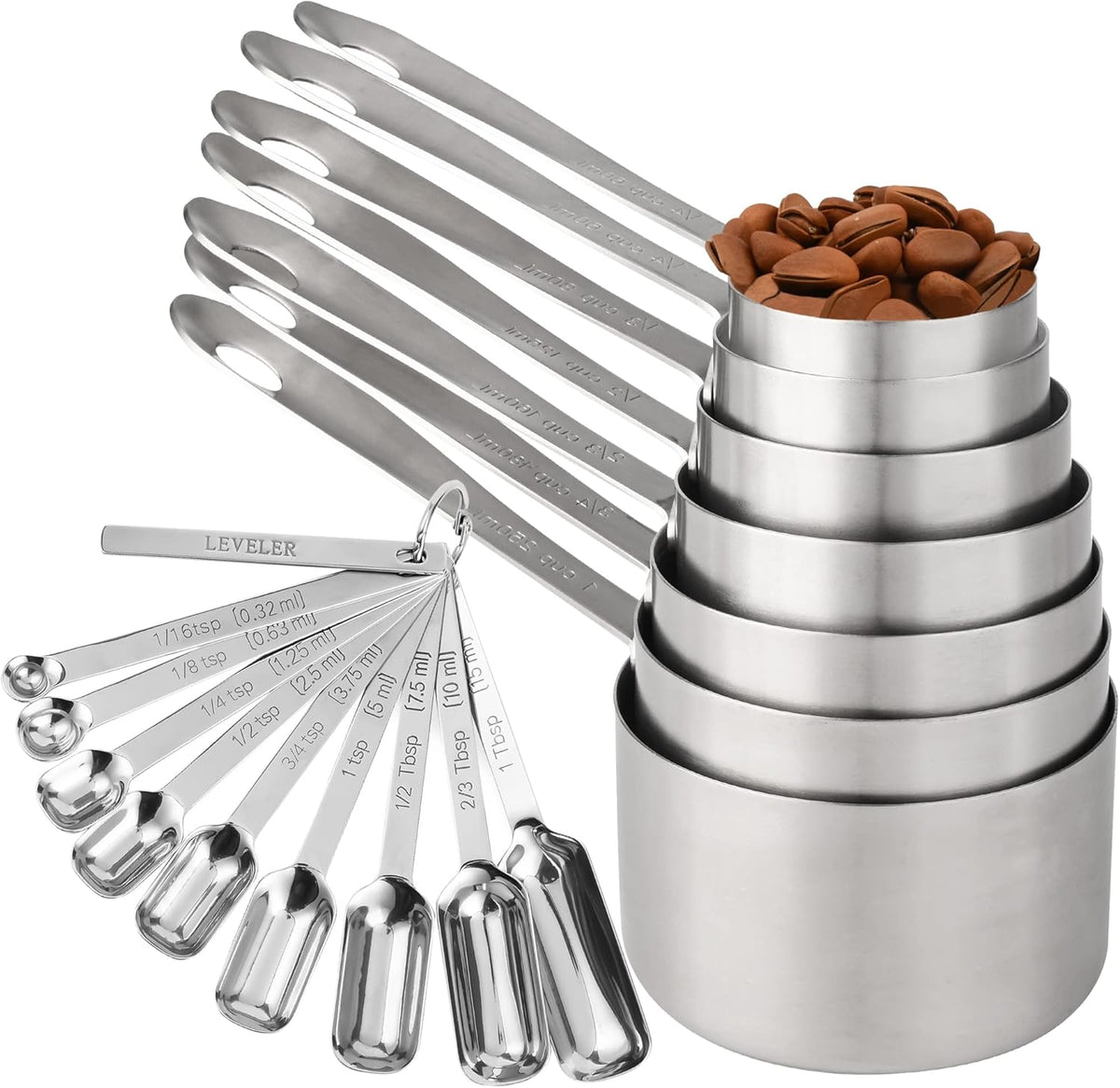 Measuring Cups and Spoons Set 17, 7 Stainless Steel Measuring Cup Set, 9 Spice Long Measuring Spoons with 1 Leveler for Kitchen and Baking
