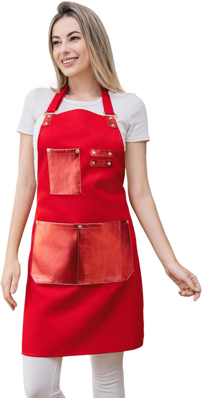 Barista Waitress Chef Cooking Aprons Waterproof Canvas Hair Stylists Apron with 3 Pockets for Women
