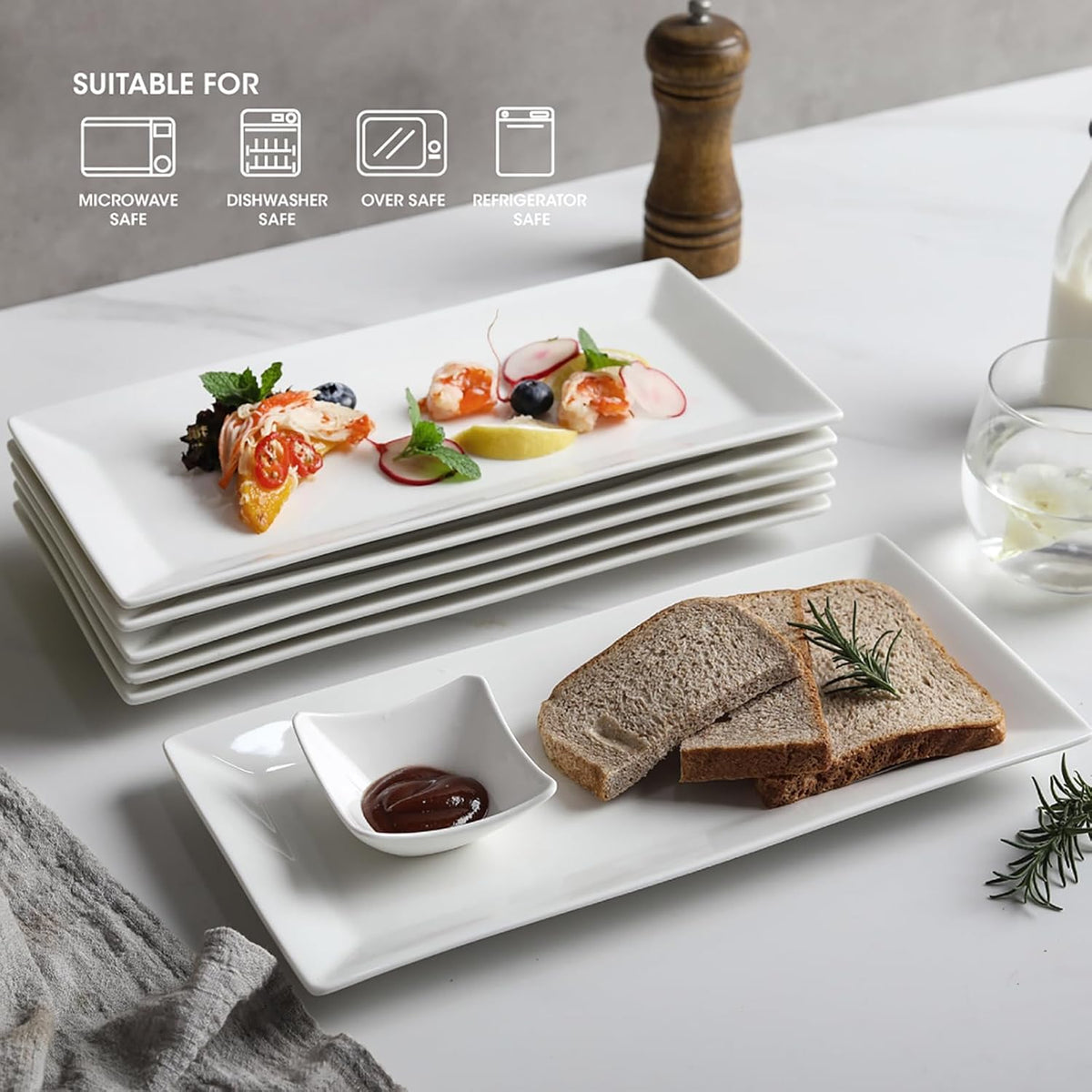 12" Serving Platters Set of 4, White Rectangular Plates, Ceramic Serving Tray, Stackable Large Party Plates for Appetizer, Dessert, Steak, Sushi