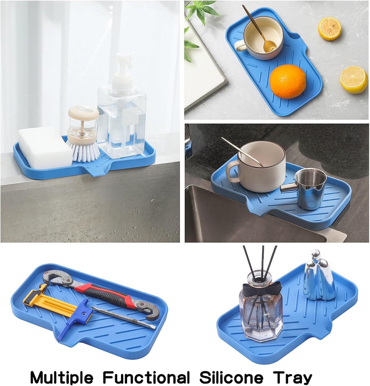 Silicone Bathroom Soap Dishes with Drain Spout Bathroom and Kitchen Sink Organizer,Sponge Holder,Dish Soap Tray,Perfect for Dispenser,Scrubber,Bottle,Cup on Counter Lichen Blue 9.6"×5.3"