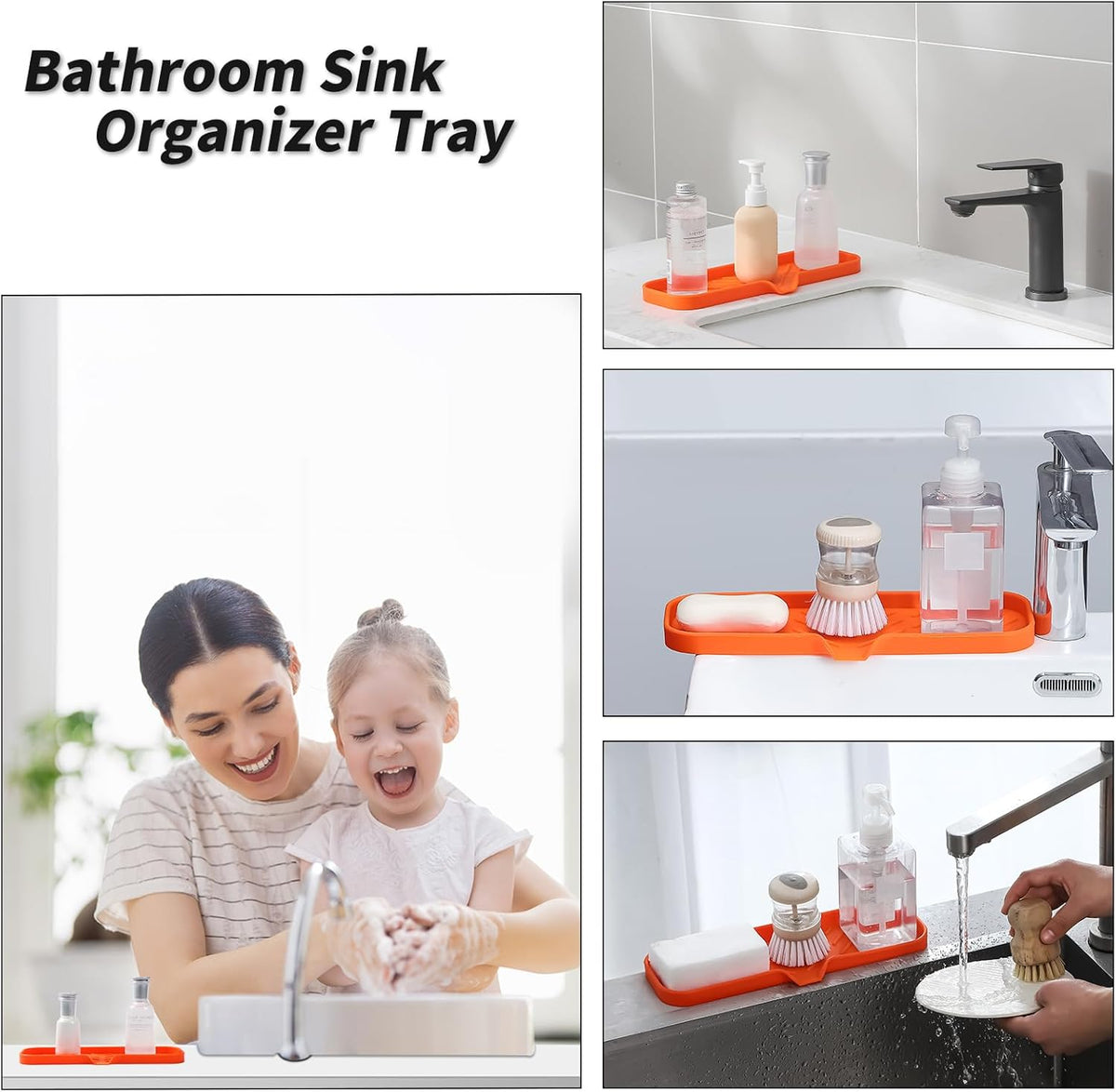 Silicone Bathroom Soap Dishes with Drain Spout-Bathroom and Kitchen Sink Organizer,Sponge Holder,Dish Soap Tray,Perfect for Dispenser,Scrubber,Bottle,Cup on Sink or Counter-Orange 12"×4"
