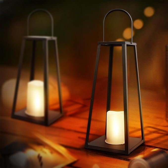 HPC Decor 2PCS Solar Lanterns for Outdoor Decor-20in 15.6in Black Metal Candle Lanterns w/ Waterproof Solar Powered Candles- Modern Farmhouse Hanging Decor for Front Porch,Yard Garden Patio