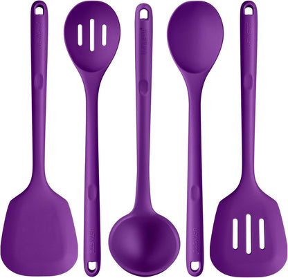 Silicone Kitchen Cooking Utensil Set: U-Taste 600ºF Heat Resistant 13.6in Extra Long Kitchen Tools, Food-Grade Non-Stick Spatula Turner Spoon Ladle for Stir Frying, Serving, Mixing (5 Pieces, Purple)