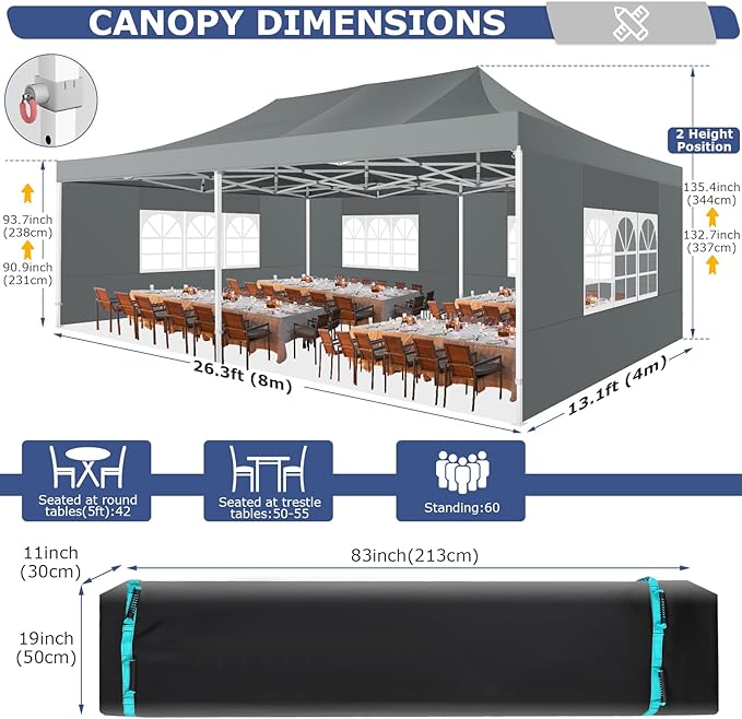 COBIZI 13x26 Heavy Duty Pop Up Canopy Tent with 6 Sidewalls Thicken Frame, Commercial Easy Up Outdoor Wedding Party Tents, All Season Waterproof Windproof with Stakes Sandbags Ropes Roller Bag, Blue