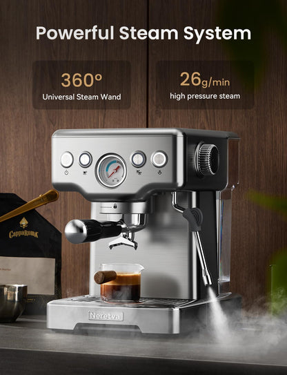 Neretva Espresso Machine, 15 Bar Espresso Coffee Machine with Visible Pressure Guage Professional Espresso Maker with Milk Frother & Stainless Steel for Home Barista Latte and Cappuccino Maker-Silver