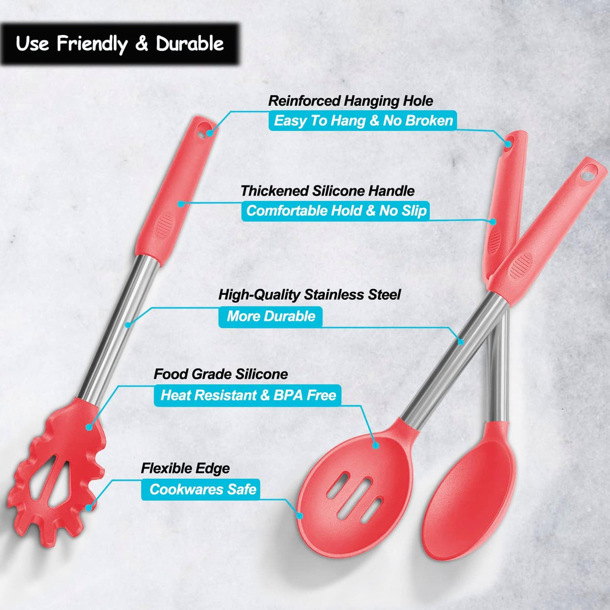 Silicone Spatula and Cooking Spoon,5 Pack Non-Stick Cooking Utensils for Kitchen，Heat Resistant Solid & Slotted Spoons and Spatulas