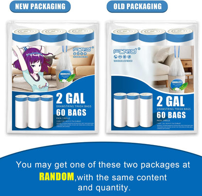 FORID Mini Drawstring Trash Bags - 2 Gallon Small Bathroom Garbage Bags White Plastic Trash Can Liners Disposable Unscented Wastebasket Bags 60 Count for Office bedroom Home 7.5 Liter