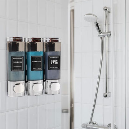 Shampoo and Conditioner Dispenser, No Drill 3 Chamber Shower Soap Dispenser, Wall Mount Refillable Shampoo Conditioner Body Wash Dispenser for Bedroom Hotel