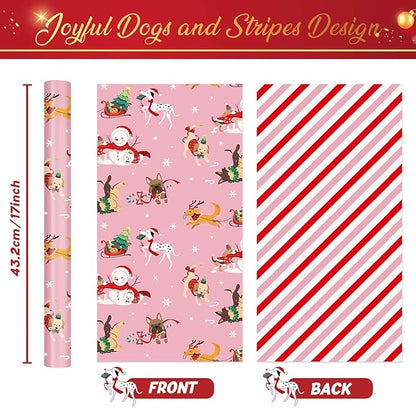 WERNNSAI Dog Christmas Wrapping Paper Roll - 1 Roll 17”x 33 ft Pink Puppy Christmas Wrapping Paper Reversible Red Candy Cane Stripe Gift Wrap for Kids Adults Xmas Winter Puppy Party Celebration