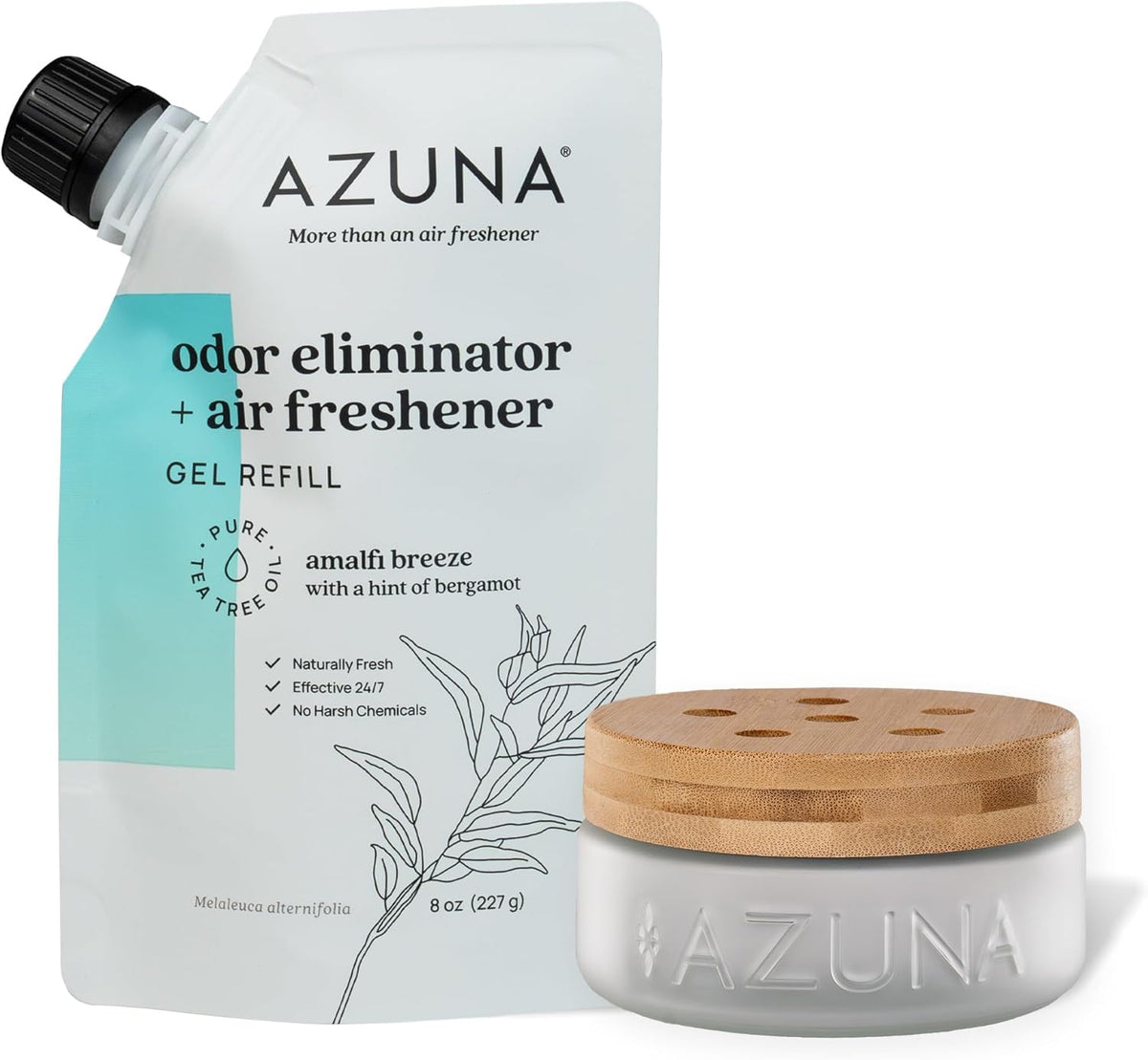Azuna Air Freshener & Odor Eliminator for Strong Odor | 1 Room Kit Includes (1) Empty Luxe Glass Jar & 8oz Refill with Tea Tree Essential Oil Gel | Amalfi Breeze | Last 60-90 Days