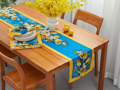 YiHomer Provence Blue Lemon Mediterranean Tile Tabletop for Spring Summer Decorations, Picnics and Dinner Parties - Indoor Outdoor, Stain and Water Resistant, Table Runner, 14 x 108