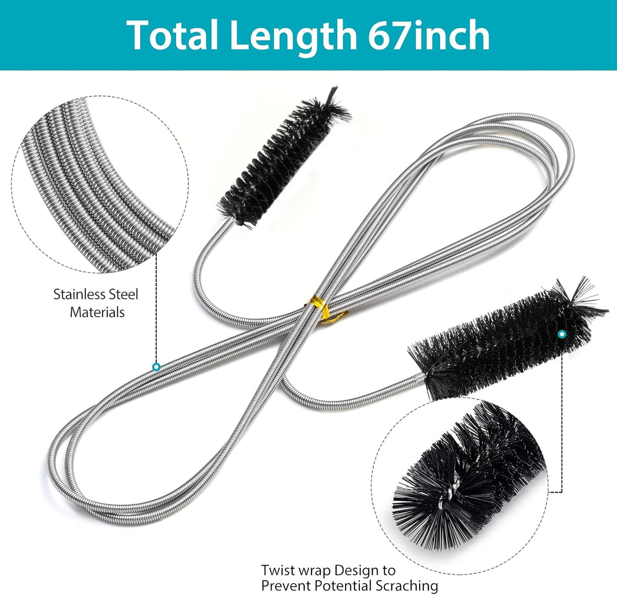 Extra-Thick Drain Brush with Stronger Spring - 67-Inch Flexible Pipe Cleaning Tool - Dual Bristle Heads - Ideal for Curved Pipes and Slim Holes – Black