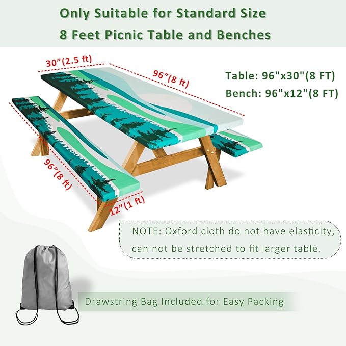 Picnic Table Cover with Bench Covers Camping Essentials Outdoor Reusable Waterproof Tablecloth with Storage Bag, Fitted Rectangle Tables and Seats, 96in, Green Landscape